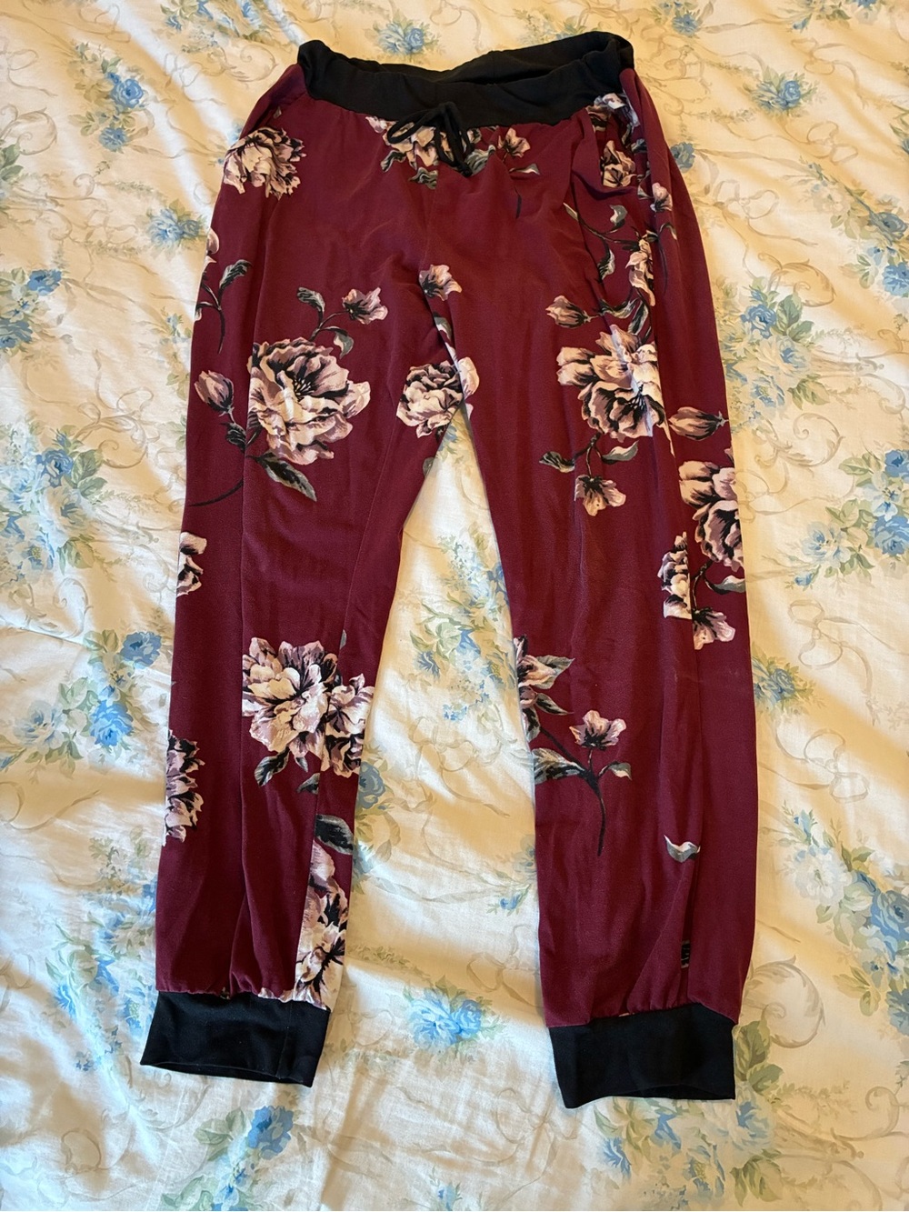 iris Burgundy Floral Jogger Pants with Black Cuffs